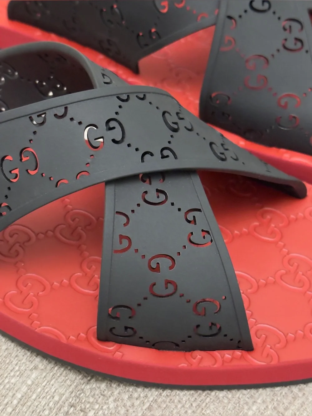 Gucci Black & Red GG Embossed Cross-Strap Slide Sandals